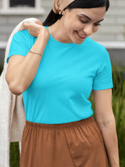 Women's Sky Blue Regular Fit Plain T-Shirt